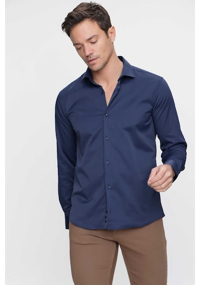Morven Erkek Lacivert Slim Fit Dar Kesim Düz Sert Yaka Uzun Kollu Gömlek Lacivert