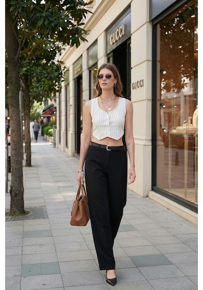 Lela Slim Fit Kalp Yaka Düğmeli Kalın Askılı Crop Bayan Yelek 5865497 Siyah Çizgili