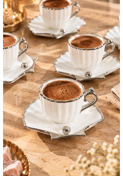 Porsima A-515 6 Kişilik Porselen Türk Kahvesi Fincan Takımı - Zümrüt Platin Yaldızlı Deniz Kabuğu / İstiridye Tasarım Fincan Seti Beyaz - Platin