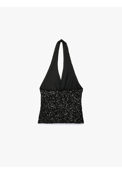 Koton Payetli Halter Yaka Kolsuz Drapeli Kruvaze Abiye Bluz Siyah 7wak60005fk