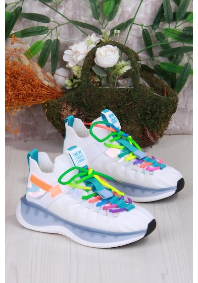 Guja Karsu Rahat Esnek Özel Tasarım Renkli Bağcuklı Sneaker Kadın Ayakkabı Beyaz