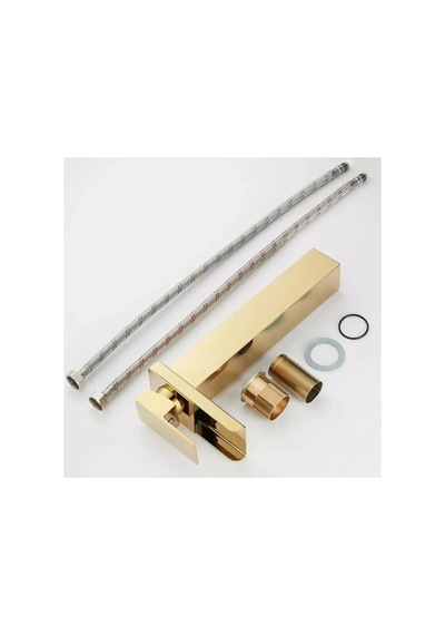 Rena Design Mat Gold Köşeli Gövde Çanak Lavabo Bataryası Havza Model Uzun Altın Lavabo Musluğu Çift Girişarmatür Mat Altın Gold