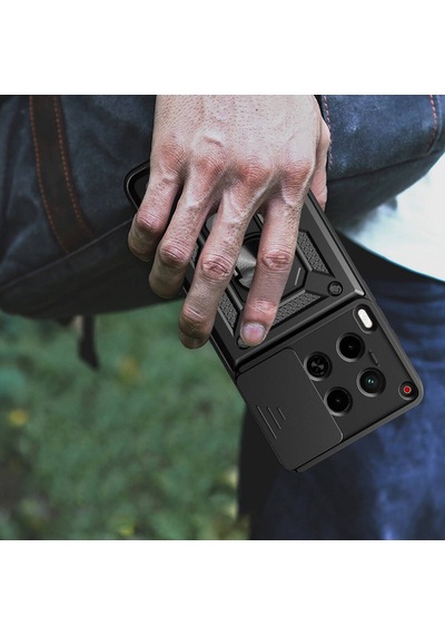 Tecno Camon 30 Kılıf Sürgülü Kamera Koruyucu Manyetik Standlı Tank Koruma Pazarplus Siyah