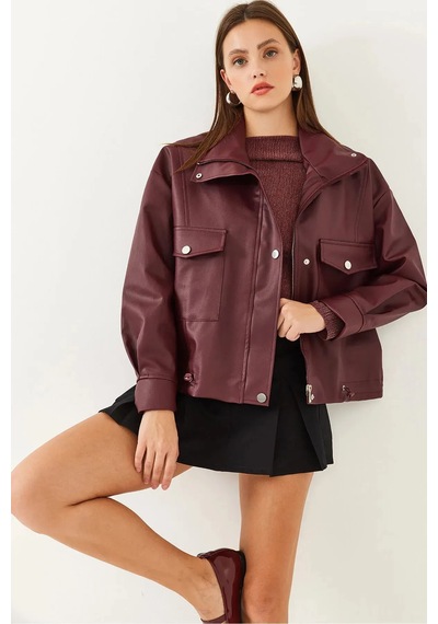 August Yanlardan Büzgü Detaylı Deri Ceket - Oversize Bordo Bordo