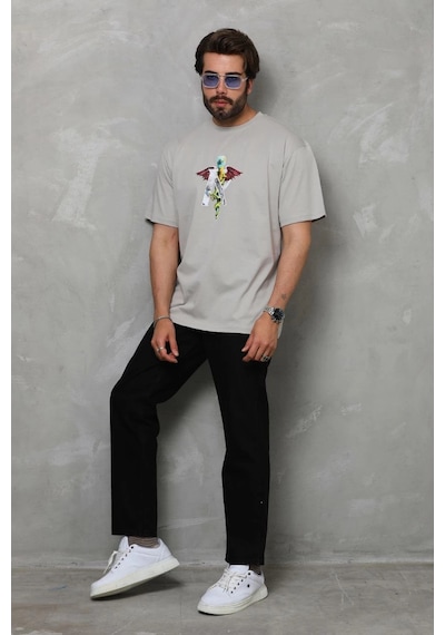 Barlashive Erkek Baskılı T-shirt Kısa Kol Bisiklet Yaka Regular Fit Rahat Kalıp Tişört - Gri Çok Renkli