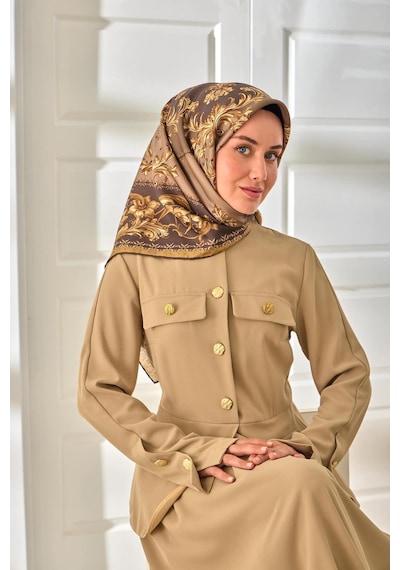 Silk Home Twill İpek Eşarp 11482-01 Kahverengi, Koyu Vizon, Gold, Krem