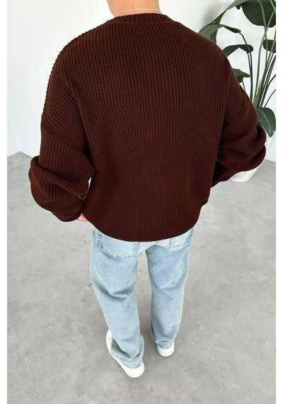 Kahverengi Los Angeles Nakış Oversize Triko Kazak Kahverengi