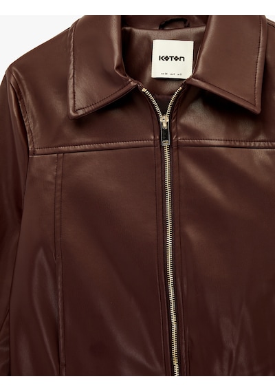 Koton Uzun Kollu Fermuarlı Cepli Gömlek Yaka Crop Suni Deri Ceket Bordo 6sak20109ew Bordo
