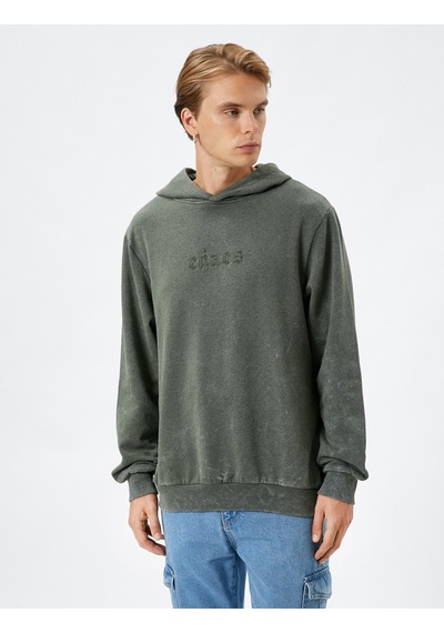 Koton Kapşonlu Sweatshirt Slogan İşlemeli Ribanalı Uzun Kollu Şardonlu Haki 4wam70274mk Haki