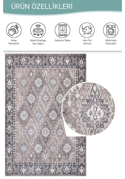 Artloop Stonart Eskitme Vintage Desenli Kahverengi Otantik Yıkanabilir Şönil Halı Al 464 Bej