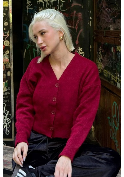 Bordo V Yaka Kadın Triko Hırka Mg2462 Bordo