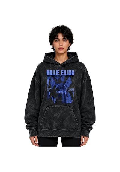 Sevbano Billie Eilish Şarkıcı Baskılı Unisex Oversize Yıkamalı Hoodie Swe Siyah