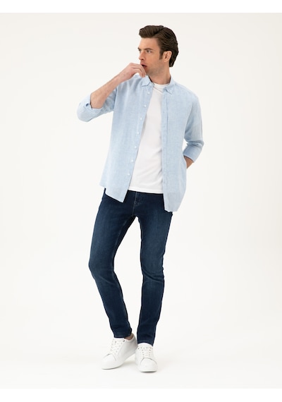 Cacharel Mavi Regular Fit %100 Keten Gömlek