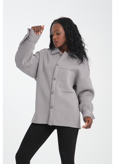 R-5750 Ceket Yaka Pis Dikişli Üç İplik Şardonlu Sweatshirt Gri