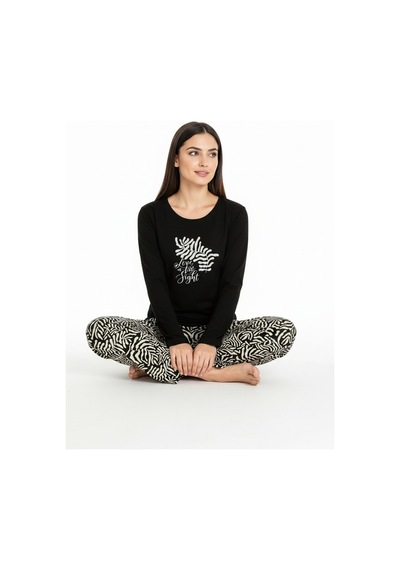 Üstü Yazılı Altı Desenli Elite Viscose Uzun Pijama Takımı Siyah 3557 Siyah
