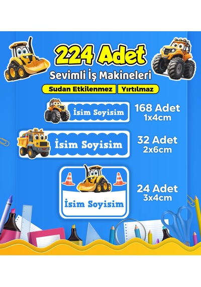İş Makineleri Temalı Okul Kreş Kişiye Özel İsim Etiket Seti - Model 552 Çok Renkli