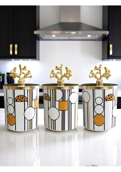 Baharatlık - Metal Kapaklı 3'lü Geometrik Desenli Gold Mavi