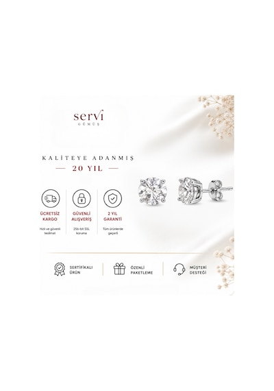 Servi 925 Ayar Gümüş Diamond Glow 6 Mm Zirkon Taşlı Tektaş Küpe-523