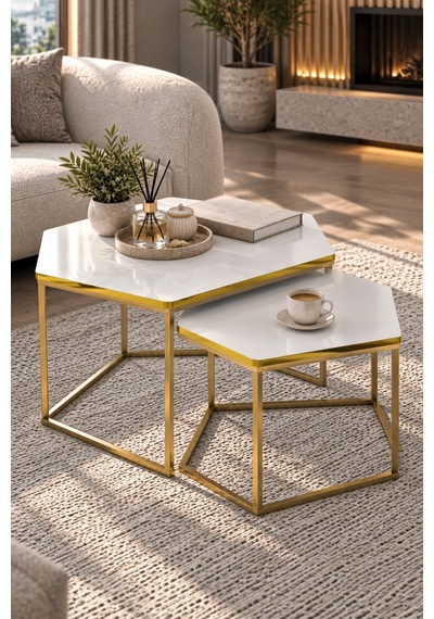 Sulorahome Altıgen İkili Orta Sehpa Seti Beyaz Ve Sarı Gold Altın - Beyaz