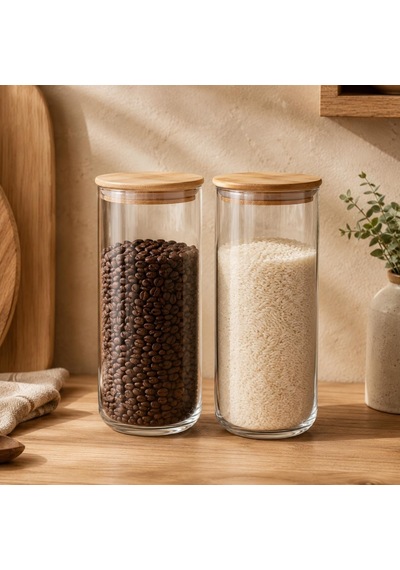 Tr 2'li Bambu Kapaklı Cam Saklama Kavanozu Seti 1400 Ml, Sızdırmaz Silikon Contalı Şeffaf Erzak Kabı, Makarna Bakl Genel