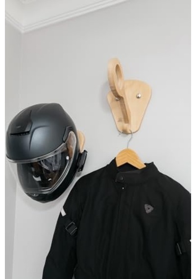 Ahşap Motosiklet Kask Ve Mont Askısı, Duvar Tipi, Doğal Ahşap, Marin Kontrplak Acı Kahverengi