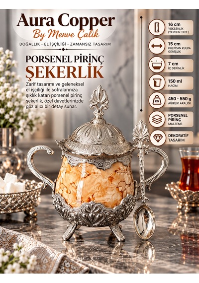 Aura Copper Porselen Pirinç Şekerlik 150 Ml Kapaklı Kaşıklı Kulplu Ayaklı Lokumluk Bej Gümüş