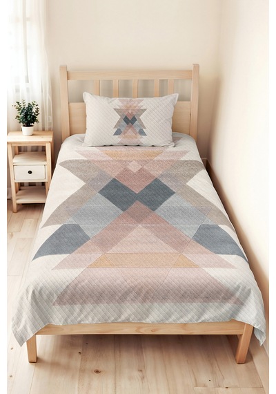 Geometrik Bej Modern Genç Odası Tek Kişilik Pike Takımı - Pudra Gri 160x220 Cm Kapitone Yatak Örtüsü Bordo