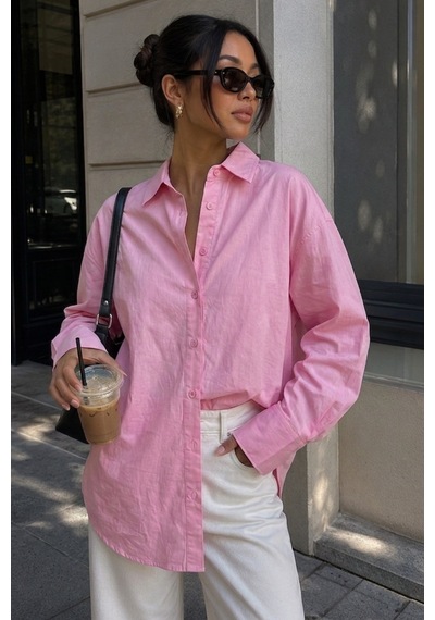 Seeh Pembe Oversize Basic Kadın Gömlek Sh268