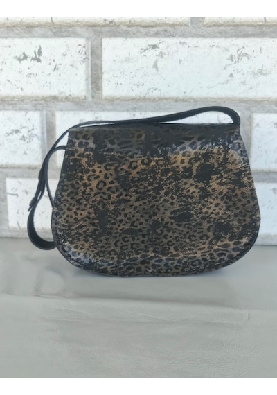 Medorya Design Dore Işıltılı Siyah Leopar Hakiki Deri Mini Çanta Altın - Siyah