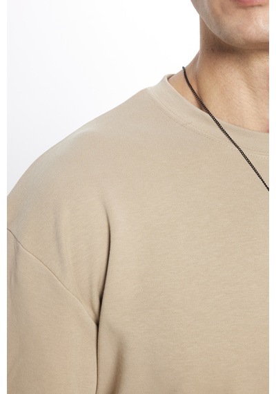 Tudors Unisex Oversize Geniş Kesim Pamuklu Yumuşak Dokulu Basic Bisiklet Yaka Bej Tişört-31579-bej Bej