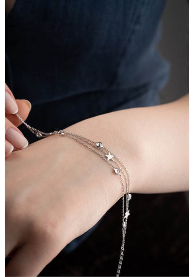 Nereze 925 Ayar Gümüş 3 Sıra Zincir Zirkon Taşlı Yıldız Bileklik