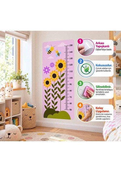 Çocuk Odası Boy Ölçer Duvar Stickerı Folyo Baskı, Dekoratif Boymetre