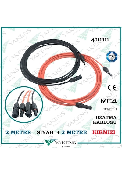 Güneş Paneli Uzatma Kablosu 2m+2m 4mm Çift Taraflı Mc4 Soketli Solar Ara Kablo Siyah Kırmızı