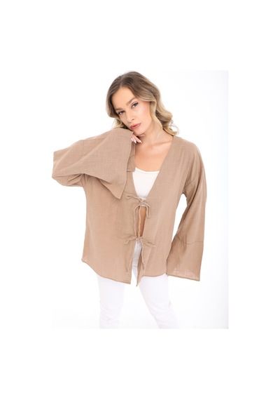 Blayn Jeans Blayn Kadın Keten Kimono Oversize Rahat Kalıp Yazlık Uzun Kollu Kimono Vizon