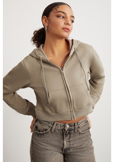Grimelange Delıa Kadın Crop İçi Polarlı Fermuarlı Organik Pamuklu Kapüsonlu Kordonlu Bej Sweatshirt Bej