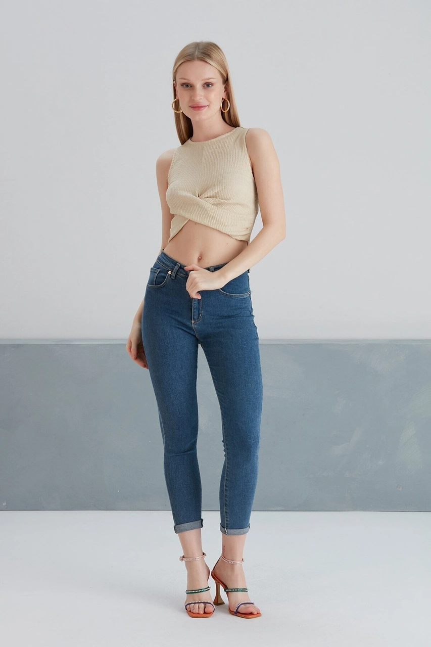 Mamayaga Kadın Önü Düğüm Model Kolsuz Spor Şık Curve Croptop Bluz Krem