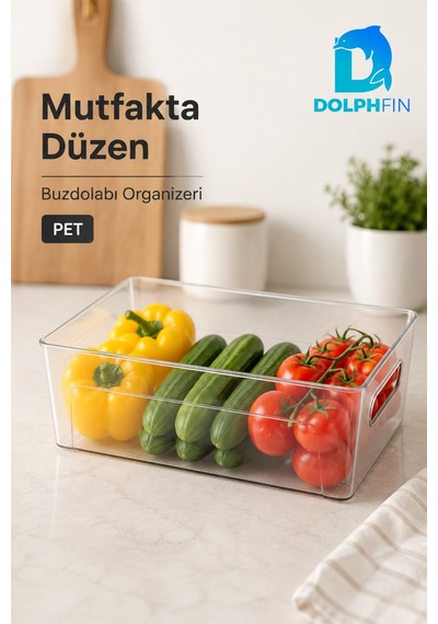 Şeffaf Pet Buzdolabı Organizeri Geniş Kulplu Düzenleyici Kutu 27x18x9 Cm