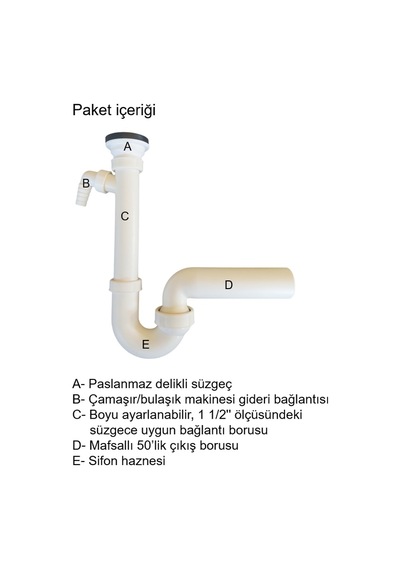 Koku Önleyici Lavabo Ve Evye Sifonu, Süzgeçli, Çamaşır Bulaşık Makinesi Bağlanabilir, Kolay Uygulanır