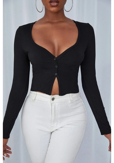 Beru Kadın Siyah Uzun Kollu Düğme Detaylı Göğüs Ve Göbek Dekolteli Crop Top Bluz Premium Stil L - XL