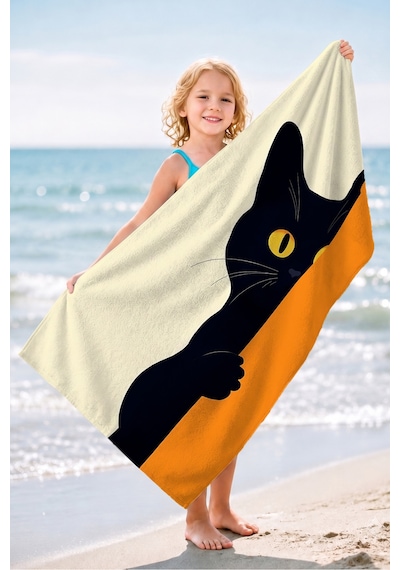 Kedi Figürlü Modern Plaj Havlusu-minimalist Siyah Turuncu Havuz Deniz Hızlı Kuruyan Mikrofiber Havlu Pastel Çiçeği