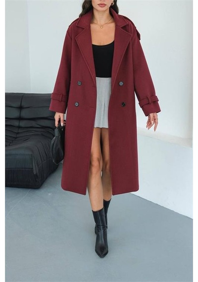 Neşeli Butik Kadın Omuz Detaylı Bordo Kaşe Kaban Nbmylk34 Bordo