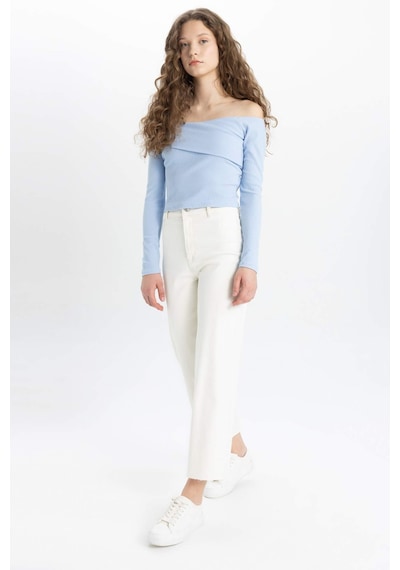 Defacto Culotte Yüksek Bel Paça Ucu Kesik Crop Jean Pantolon B5012AX24SM Ekru