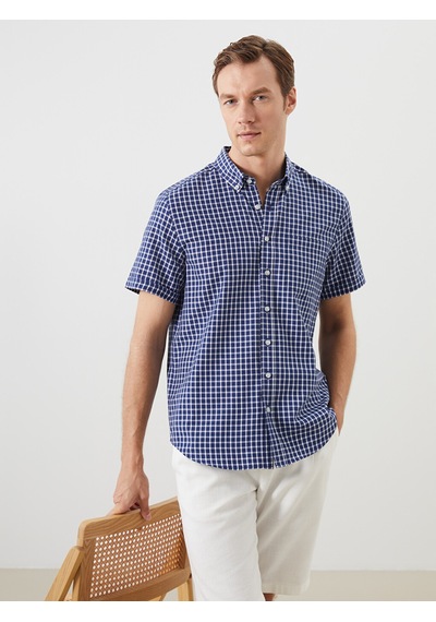 Lcwaıkıkı Classic Lacivert Regular Fit Kısa Kollu Ekose Oxford Erkek Gömlek