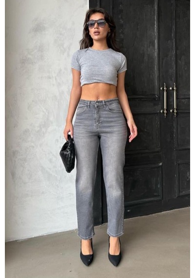 Gri Yüksek Bel Kadın Mom Fit Pantolon Mg2389