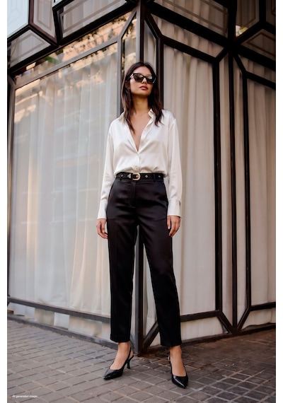 Sateen Kemer Detaylı Saten Klasik Pantolon - Siyah-137985