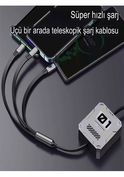 100w 3a Çoklu Hızlı Şarj Kablosu 3in1 Lightning + Type-c + Micro Usb, 1.2m Çoklayıcı Alüminyum 100w