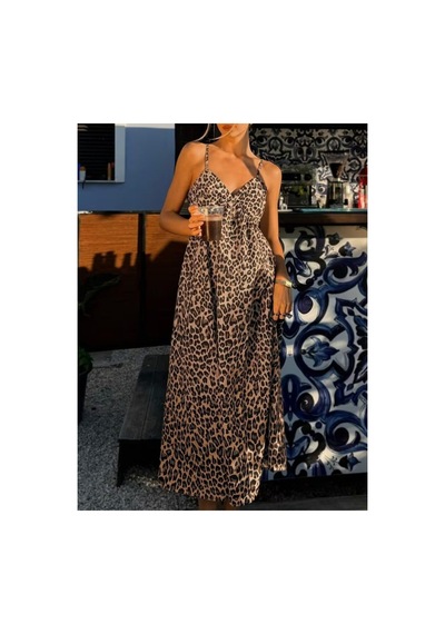 Butik İstanbul Kadın Ip Askılı V Yakalı Uzun Desenli Süprem Elbise Leopar