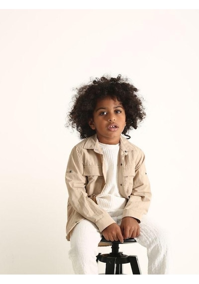 Nanica Kids Erkek Çocuk Paraşüt Kumaş Çıtçıtlı Cepli Gömlek-16007 Bej