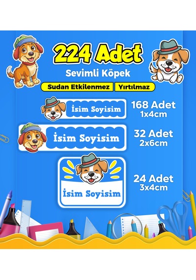 Sevimli Köpek Temalı Okul Kreş Kişiye Özel İsim Etiket Seti - Model 392 Çok Renkli