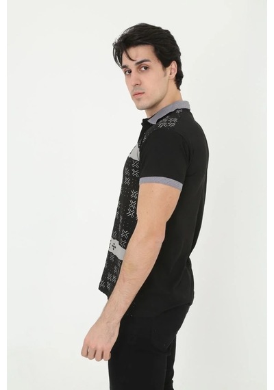Erkek Polo Yaka Tişört Slim Fit Baskılı Kısa Kol T-shirt - Siyah